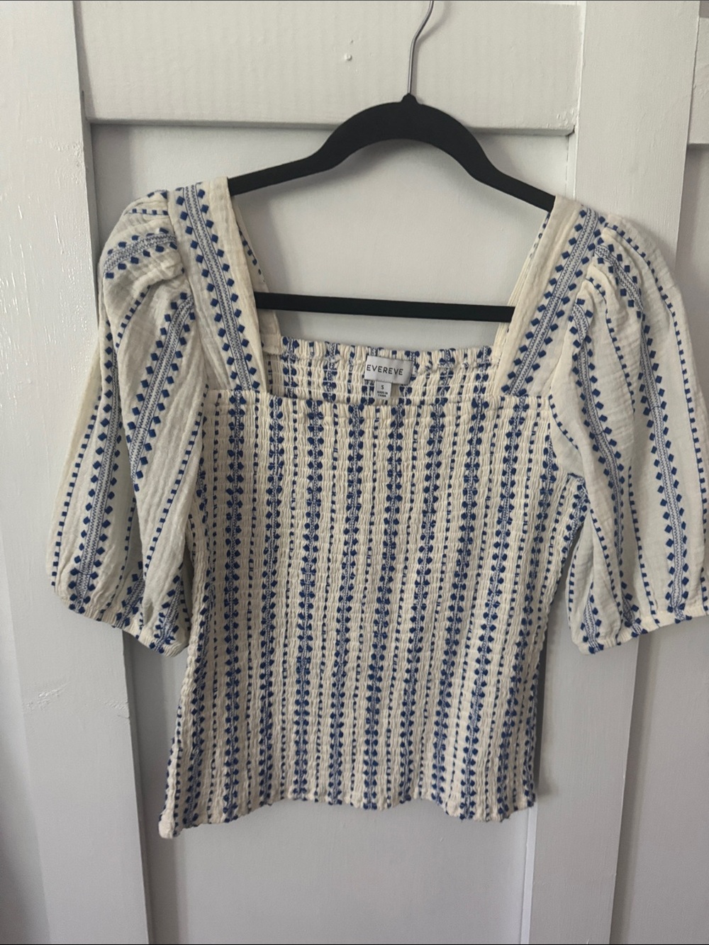 Evereve Cream Top with Blue Embroidered Stripes and Puff Sleeves